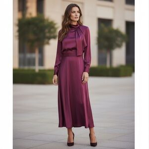 Alexia Admor Tie Mock Neck Satin Midi Brooklyn Dress in a red/burgundy color 12
